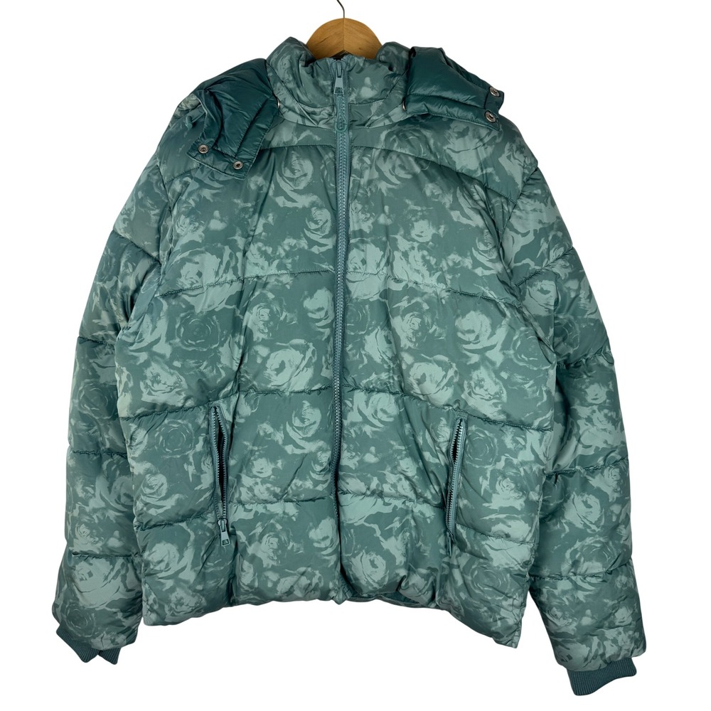 Mode of One Mens Puffer Jacket Seedling Green Floral Rose Print Hooded Large NEW